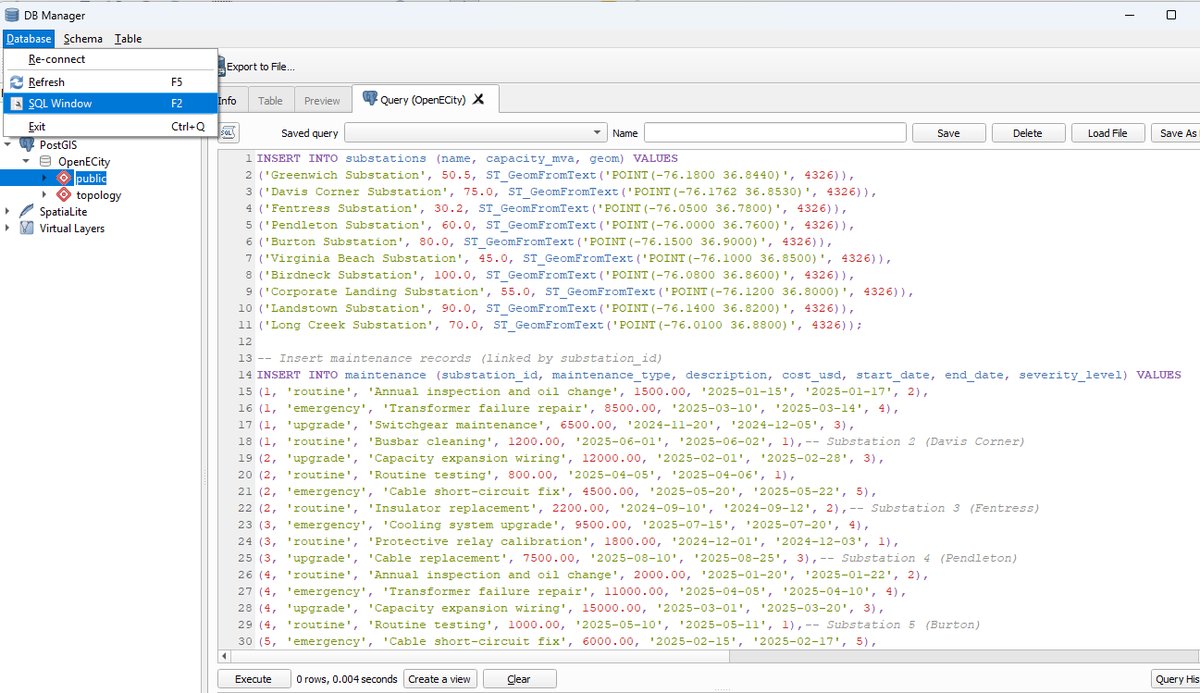 DatJot's tweet image. Now that you have a spatial table called Substations and a maintenance table that has a relationship with Substations and QGIS recognizes the relationship, let&apos;s populate the two table with some data by using our DB Manager SQL Window: Enter the following SQL in your SQL Window:…