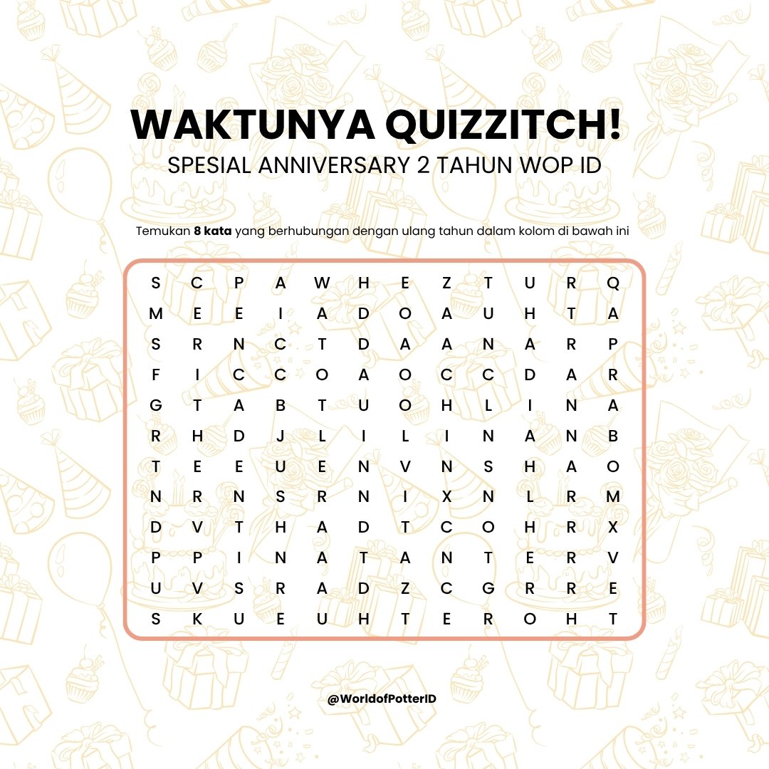 WorldofPotterID's tweet photo. Kalau ulang tahun, biasanya ada apa aja sih? Temukan benda-benda bertema ulang tahun dalam Quizzitch spesial anniversary WOP ID yang ke-2!
#quizzitch #quiz #anniversary #harrypotter #birthday https://t.co/53l1qWNg0c