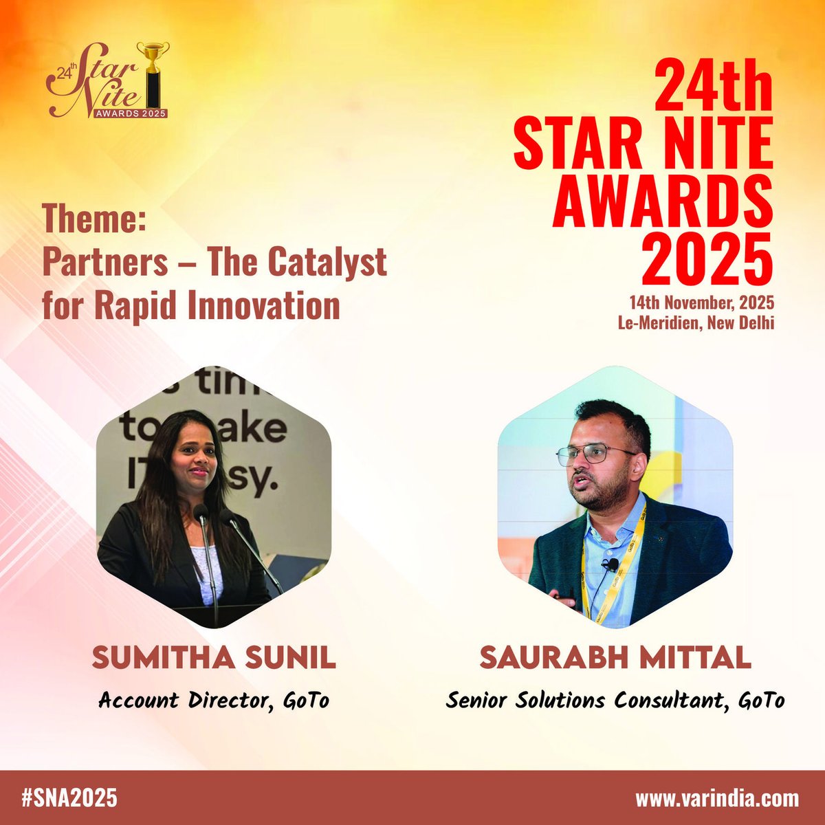 varindiamag's tweet image. 🎤 Excited to welcome Ms. Sumitha Sunil &amp;amp; Mr. Saurabh Mittal from GoTo at the 24th #StarNiteAwards 2025! 🌟

Join India’s biggest ICT celebration of innovation &amp;amp; collaboration 💡

🗓️ Nov 14 | 📍 Le-Meridien, New Delhi

🔗 Register Now: shorturl.at/uWz7x

#SNA2025 #GoTo