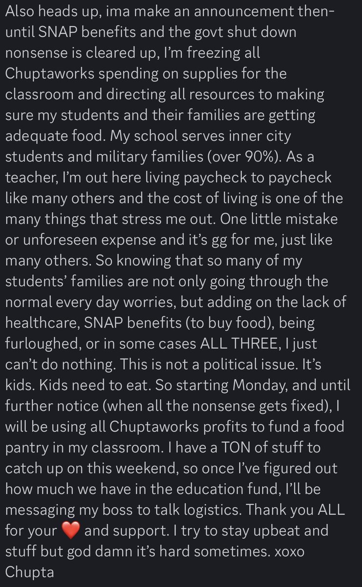 I can’t teach empty stomaches

I will make a “more official” announcement later this weekend, but I wanted to let you know that I’m freezing spending on classroom supplies. All profits from Chuptaworks are being redirected until further notice. Plz read 

#aoe2 #education