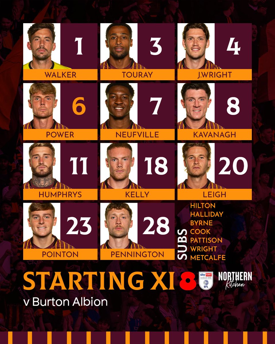 Your Bantams for this afternoon's Sky Bet League One fixture against Burton Albion. 📋

#BCAFC | #BRAvBUR | <a href="/NrthrnKitchenBD/">Northern Kitchen</a>