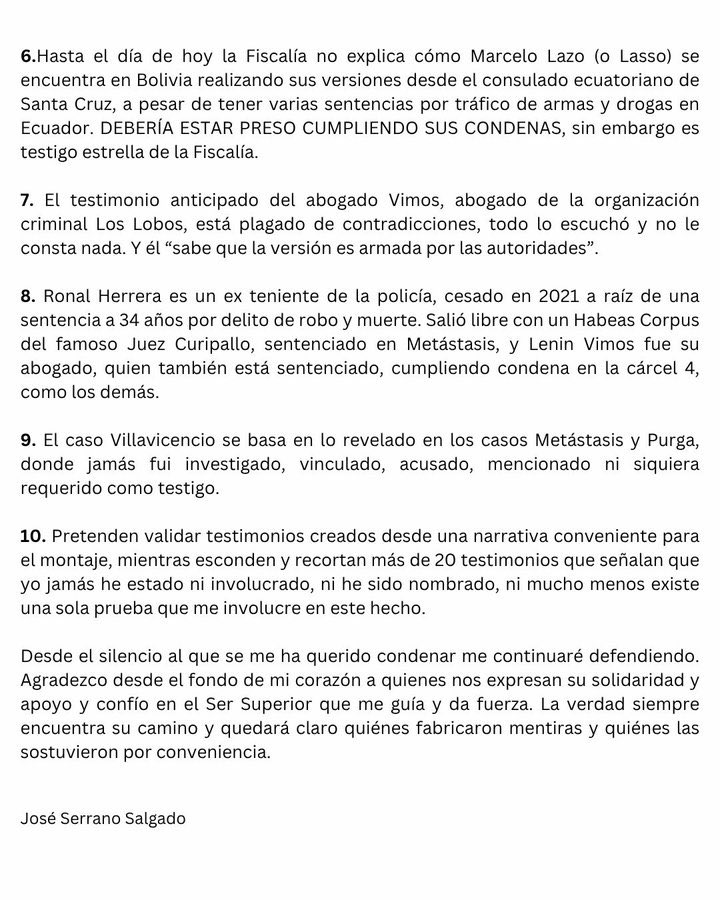 ecuainm_oficial's tweet image. ‼️#URGENTE
José Serrano se pronunció en el marco del caso por el asesinato de Fernando Villavicencio. En su comunicado, sostiene que la Fiscalía se basa en “un burdo montaje a través de versiones preparadas a conveniencia” y que “los testigos dicen haber escuchado conversaciones,…