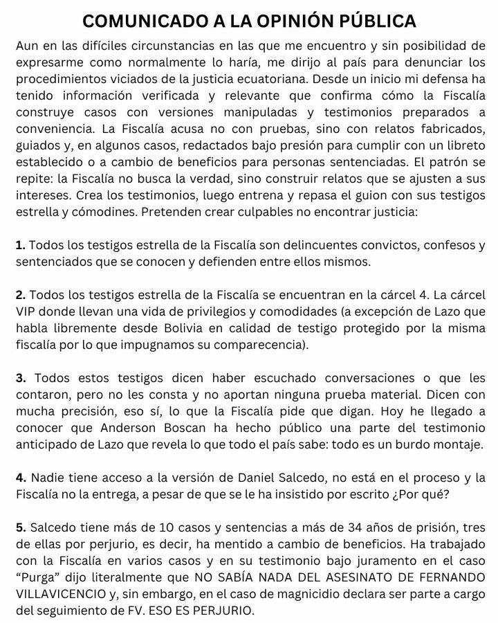 ecuainm_oficial's tweet image. ‼️#URGENTE
José Serrano se pronunció en el marco del caso por el asesinato de Fernando Villavicencio. En su comunicado, sostiene que la Fiscalía se basa en “un burdo montaje a través de versiones preparadas a conveniencia” y que “los testigos dicen haber escuchado conversaciones,…