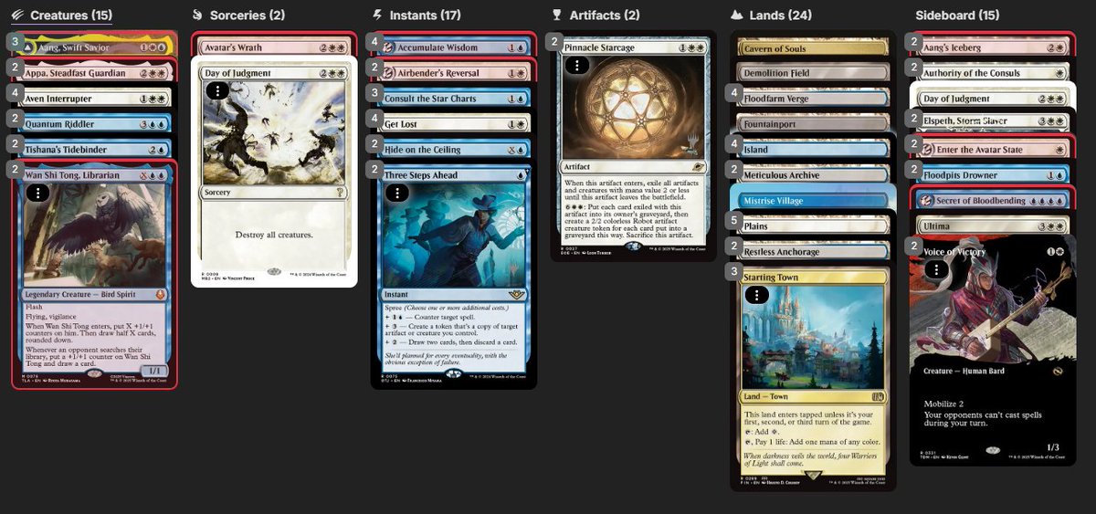 Senpaivila's tweet photo. Trying to brew a control deck with the new Avatar cards with more emphasis on flash creatures. November Mythic climb will be better after B&amp;R https://t.co/t9nn0OkU0h
@fireshoes @MTGdecks https://t.co/yUNwz6ZFKb
