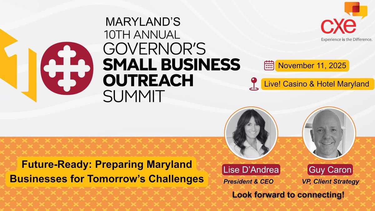 Cxe_Inc's tweet photo. Lise D'Andrea and Guy Caron, will be representing CXE at this year’s event on November 11 at Maryland Live! Casino &amp; Hotel in Hanover, MD.

https://t.co/LqWpjvUsFh 

#CXE #SmallBusinessSummit #MarylandBusiness #Networking #CXEInc https://t.co/QcxBlN0S5S