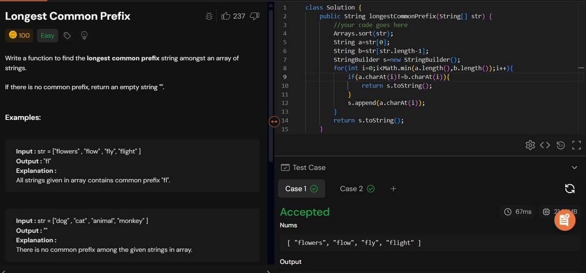 rajeshboya89's tweet image. Day 27 – #TUFWinterArc ❄️

Solved Longest Common Prefix 🔡
Good practice for clean and efficient string comparison! 

@takeUforward_  @striver_79 
#TakeUForward #TUF #DSA #Coding