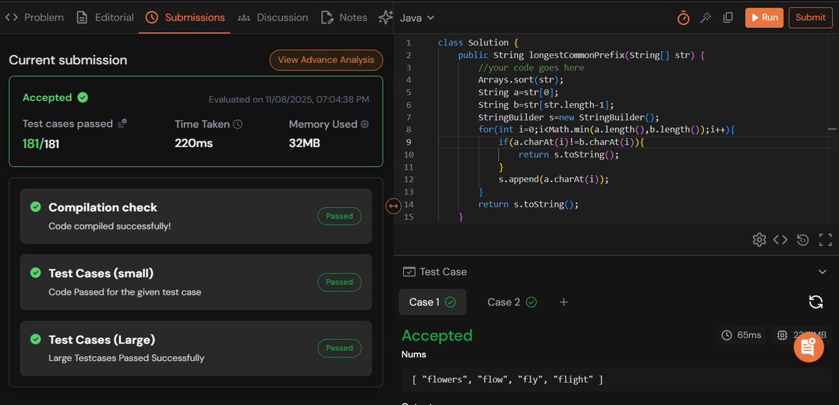 rajeshboya89's tweet image. Day 27 – #TUFWinterArc ❄️

Solved Longest Common Prefix 🔡
Good practice for clean and efficient string comparison! 

@takeUforward_  @striver_79 
#TakeUForward #TUF #DSA #Coding