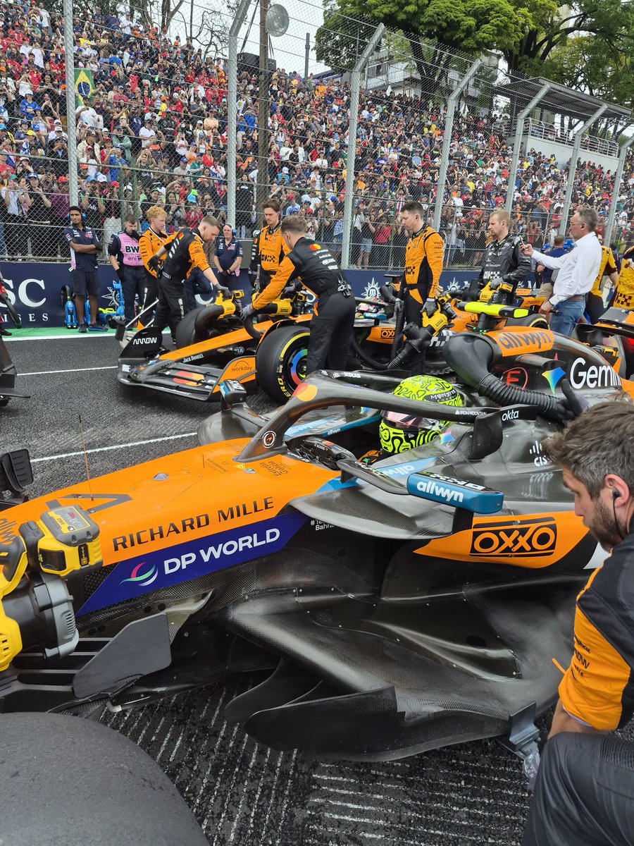 The <a href="/McLarenF1/">McLaren</a> drivers are first to the grid. Others who wait will get a slightly more up to date sampling of where the damp bits are. Some cars on slicks, others on inters...: