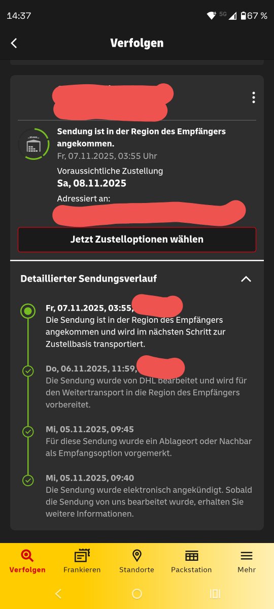 Langsam aber sicher kotzt es mich an .... Egal was mit DHL kommt, jedes Päckchen dauert immer länger. Mit Zustellung heute hätte ich mich ja noch zufrieden gegeben, aber es wird wohl heute wieder nix, ist ja nur seit Mittwoch unterwegs.
Danke für gar nichts <a href="/DHLPaket/">DHL Paket</a> 😞