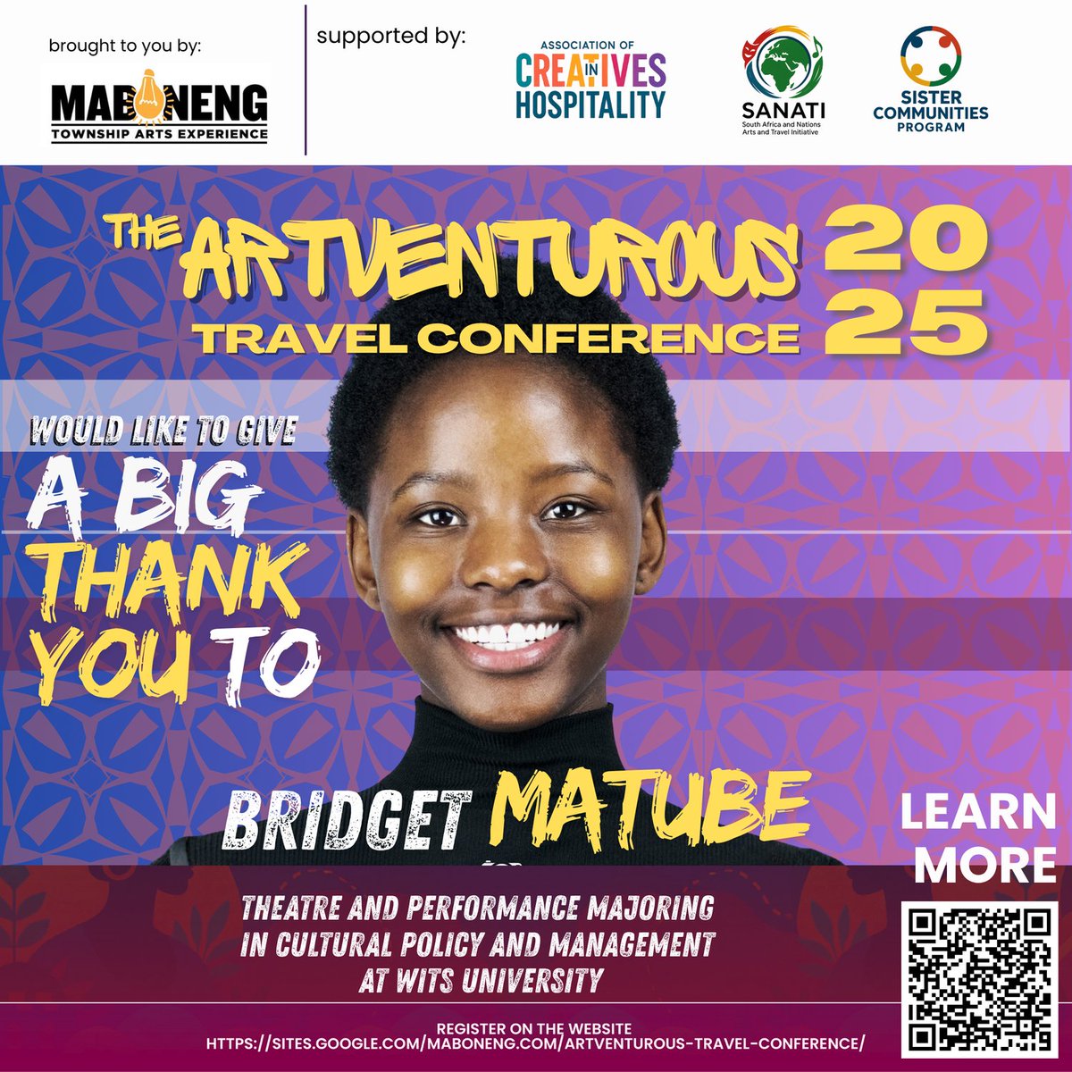 MabonengArts's tweet photo. 🎭 Meet Bridget Matube, who helped register and usher guests at the ArtVenturous Travel Conference.
She studies Cultural Policy and Management at Wits University and joined as a trainee learning about creative organisations.

#ArtVenturous  #SouthAfricanTourism  #WitsArts https://t.co/xb5vCLYWN1