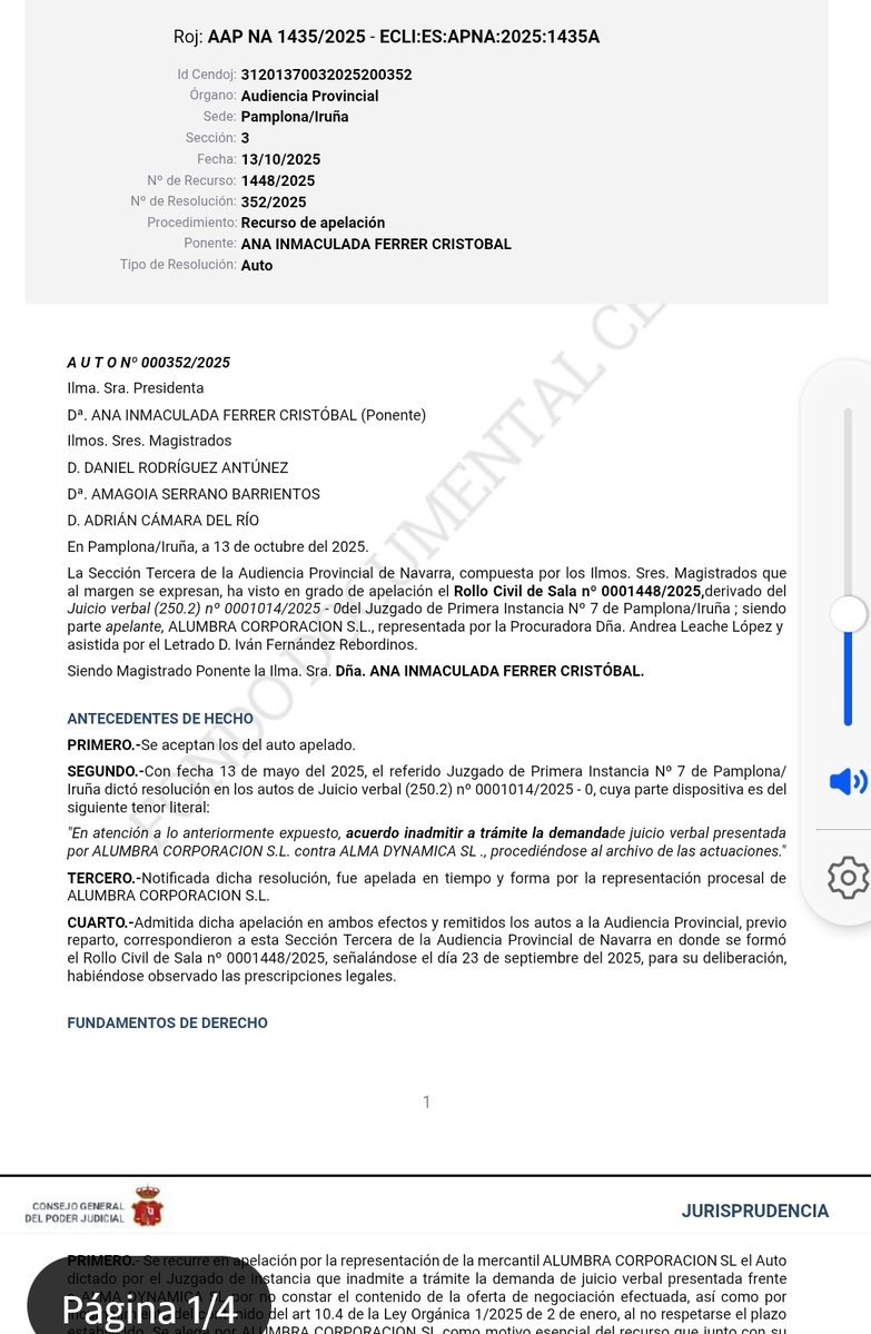 RosanaPGurrea's tweet image. El Auto de la AP de Navarra de 13 de octubre de 2025 revoca la inadmisión de la demanda y analiza los requisitos que debe reunir la oferta vinculante confidencial del artículo 17 de la LO 1/2025