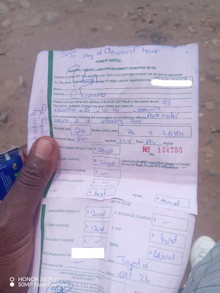 CrimeWatchZW's tweet photo. I want to report a case of crime or corruption.

On 3 November 2025, I was clamped by @CityParkingHre officers. They said the reason was that I had parked in an offloading bay. I accepted it and the fine was US$46. The lady officer left a ticket on my car windshield while I was doing my errands. (Note: I already had a valid parking ticket, and there was no sign showing I couldn’t park there, she only told me verbally.)

On the ticket, she wrote her phone number and told me to call her. When I came back, I called her, and about three officers came. They said I should go pay at Leopold Takawira Street and Speke Avenue. But they also said if I was in a hurry, I could give them the US$46 and they would send me a payment confirmation on WhatsApp.

I gave them the money and my phone number, but until now, I have not received any confirmation. I then went to the City Parking offices to check, and I was told the receipt was never paid. There is no record at City Parking showing that my car was ever clamped.

@JMafume @cityofharare2