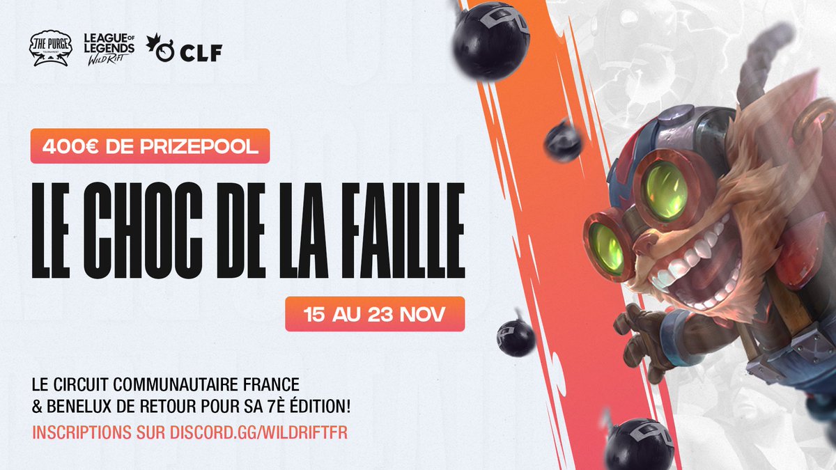 Le Choc de La Faille 7 arrive ! 💥

🗓️ 15 au 23 Novembre
💸 300€ + items exclusifs à gagner!
⚔️ Circuit 5v5 <a href="/wildriftFR/">League of Legends: Wild Rift France</a> 
🔥 Les gagnants représenteront la France à la 1000€ #RiftLegends Battle (tournoi pays vs pays)

En savoir plus par ici:
👉 discord.gg/wildriftfr