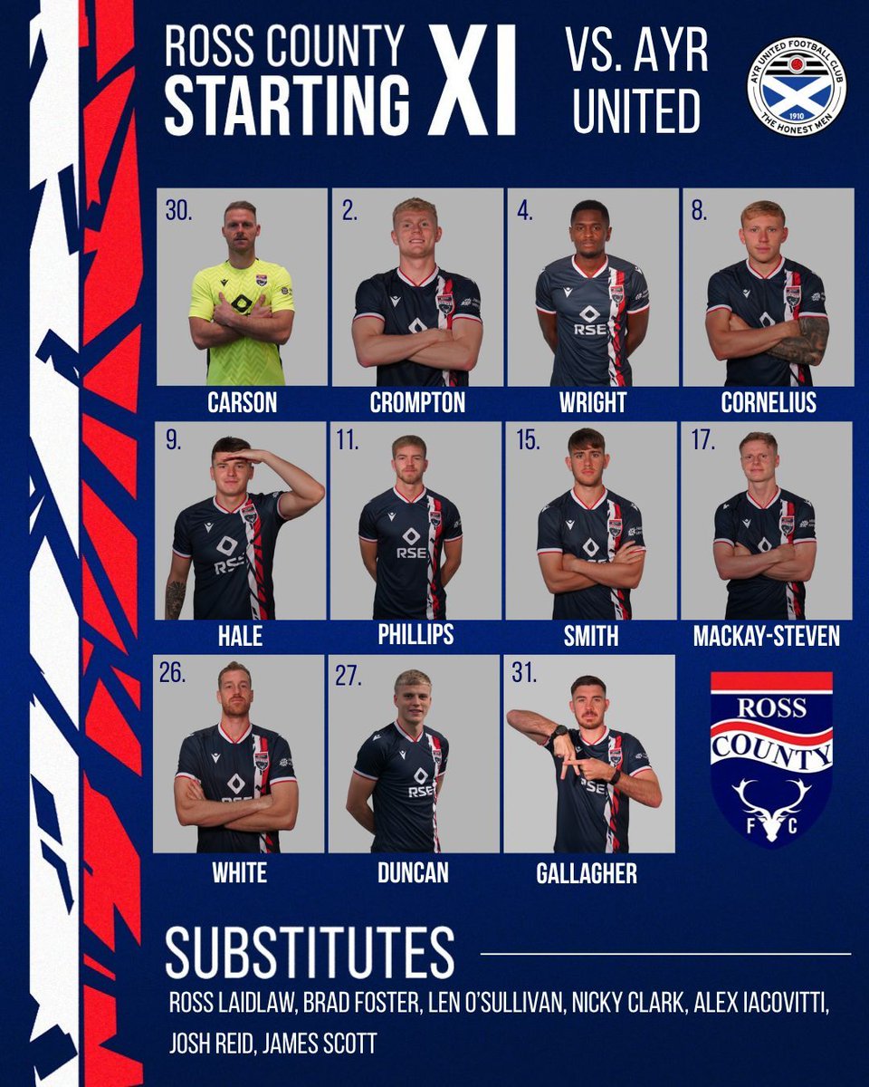 RossCounty's tweet image. STARTING XI

Your County team to take on Ayr United in Dingwall! 

#staggies