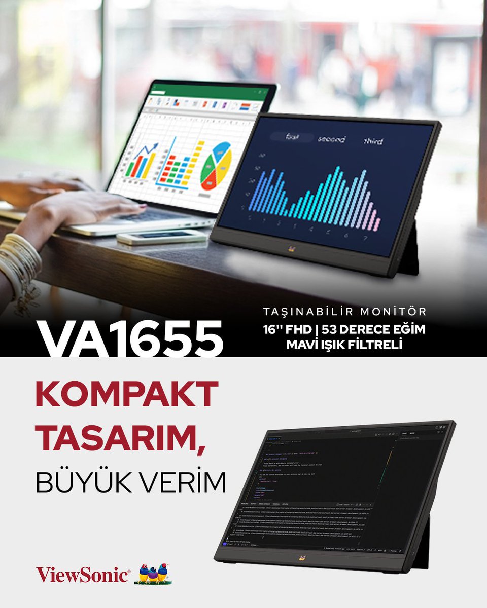 Her yerde verimliliğini artır! 🖥️✨
VA1655, 16” taşınabilir ekranıyla işini veya sunumlarını yanına taşımanı sağlar.
53° eğim açısı ile göz yorgunluğunu azaltırken, mavi ışık filtresi sayesinde uzun kullanımda bile konforlu bir deneyim sunar.