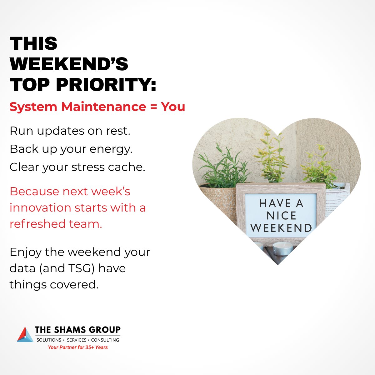 TheShamsGroup's tweet image. Even the best systems need downtime recharge, refresh, and return inspired
shamsgroup.com
#WeekendMode #HealthcareIT #Innovation #TechHumor #WorkLifeBalance #TSG #TheShamsGroup