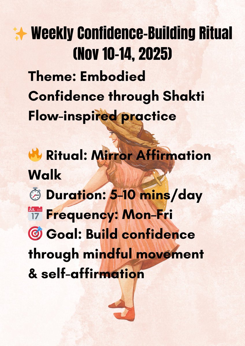 NabalKPande's tweet image. This week = Embodied Confidence. 💫
Inspired by Shakti Flow, this 5-day ritual reconnects you to your power through movement, breath &amp;amp; presence.
Let’s walk the talk → introducing the Mirror Affirmation Walk 🧵👇
#MindfulMonday #ShaktiFlow #ConfidenceRitual