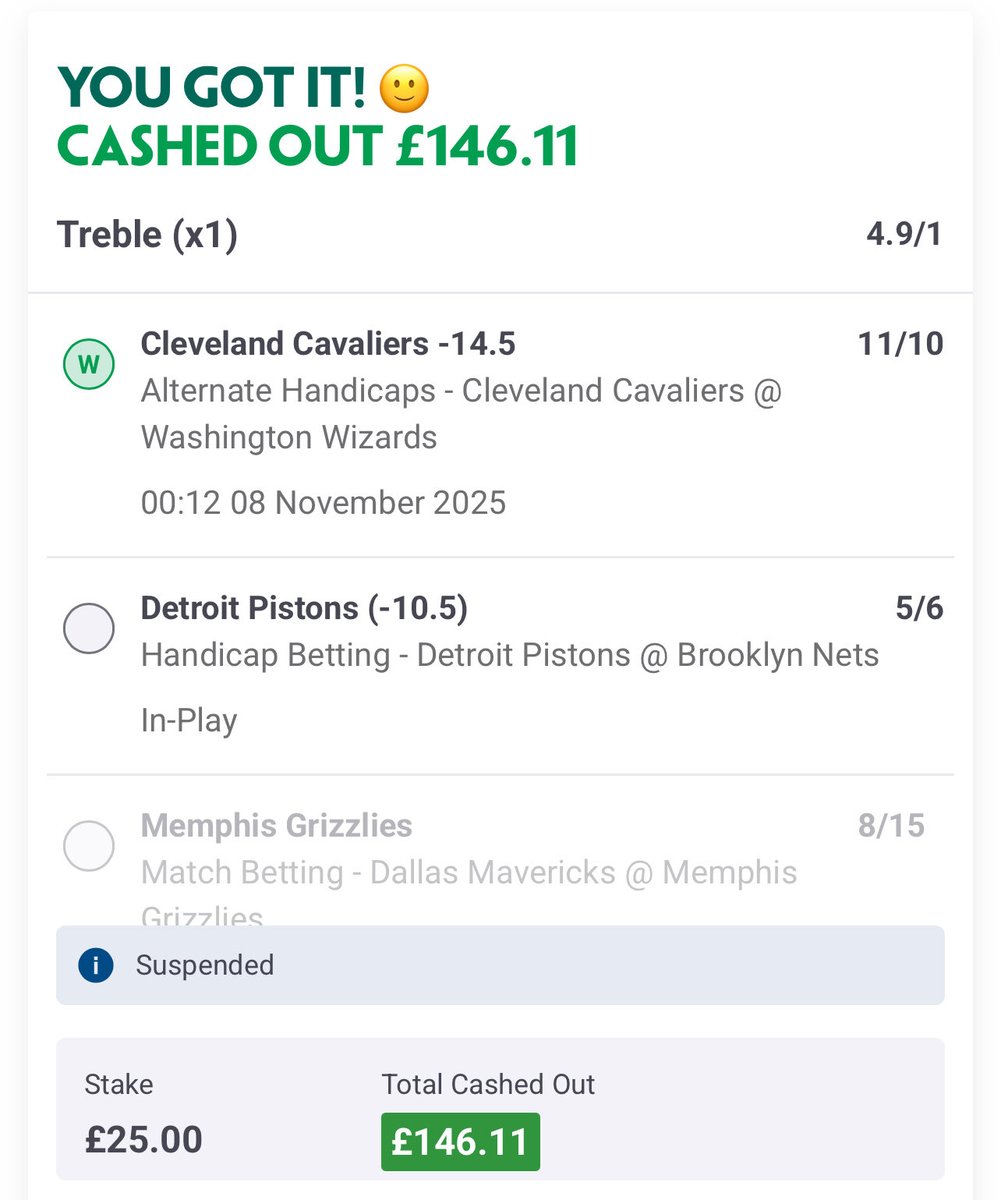 edphill2345's tweet photo. We Also Cashed A Nba Cup Treble 🤑 The Cavs, Pistons &amp; Grizzlies. Again All On The [ - ] Spread. Nba Cup 👀 https://t.co/L5Jzg2ejDv