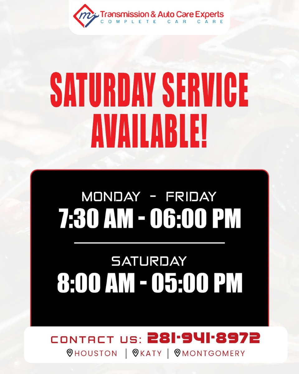 MyTransmissionX's tweet image. Saturday Service Available!
Can’t make it during the week? No problem!
Our expert technicians are here every Saturday to handle your transmission repairs and maintenance needs.

Call Now: 281-941-8972

#TransmissionRepair #WeekendService #AutoCareExperts #CarService