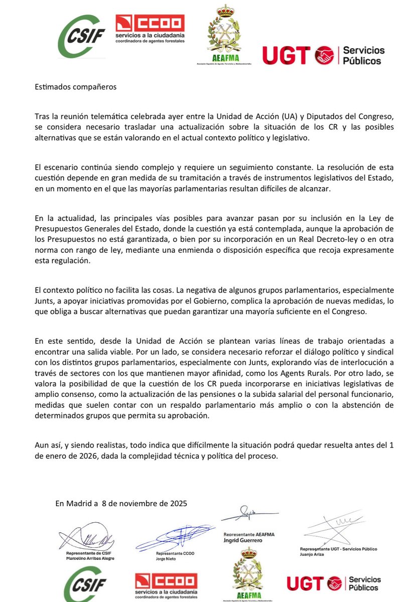 <a href="/RUBGAIA/">FORGAIA</a> <a href="/7forestalex/">ALEXANDRE R.P.</a> <a href="/DTLANDT/">DTLANDT</a> <a href="/zapapic/">José Miguel de Pablo</a> <a href="/carlosbravofdez/">Carlos Bravo</a> <a href="/SFrcodasis/">san francisco d'asis</a> <a href="/UGTForestales/">UGT_SP Agentes Forestales y Medioambientales</a> <a href="/CSIF_forestales/">CSIF MEDIO AMBIENTE</a> <a href="/AEAFMA/">Asociación🇪🇦Agentes Medioambientales</a> <a href="/FSCdeCCOO/">FSC-CCOO</a> <a href="/CCOOAgentesJCCM/">Agentes Medioambientales CCOO CLM🌳🚨⏺🌲 🔁</a> <a href="/CCOORurals/">Agents Rurals CCOO</a> <a href="/inclusiongob/">Ministerio Inclusión Seguridad Social Migraciones</a> <a href="/mintradigital/">Ministerio Transformación Digital Función Pública</a> <a href="/ConsejoEstadoEs/">Consejo de Estado</a> <a href="/CCOO/">COMISIONES OBRERAS</a> <a href="/AAMMdeCCOOGZ/">Axentes MM de CCOO</a> <a href="/AAFF_CCOO_CM/">FORESTALES CCOO CM</a> <a href="/msanzlubeiro/">Mariano Sanz</a> <a href="/Hora25/">Hora 25</a> <a href="/AimarBretos/">Aimar Bretos</a> <a href="/HoyPorHoy/">Hoy por Hoy</a> <a href="/jl_sastre/">José Luis Sastre</a> <a href="/SaludLab_CCOO/">Salud Laboral CCOO</a> <a href="/SaizElma/">Elma Saiz</a> <a href="/oscarlopeztwit/">Oscar López Agueda</a> <a href="/mitecogob/">Transición Ecológica y Reto Demográfico</a> <a href="/desdelamoncloa/">La Moncloa</a> <a href="/empleogob/">Ministerio Trabajo y Economía Social</a> <a href="/Yolanda_Diaz_/">Yolanda Díaz</a> <a href="/sanchezcastejon/">Pedro Sánchez</a> <a href="/JLAceves/">Jose Luis Aceves/❤️</a> <a href="/PSOE/">PSOE</a> <a href="/Senadoesp/">Senado de España</a> <a href="/ITSS_INSPECCION/">ITSS - Inspeccion de Trabajo y Seguridad Social</a> <a href="/INSST_MITES_GOB/">INSST</a> <a href="/info_TGSS/">Información TGSS</a> <a href="/RvstaSegSocial/">Revista de la Seguridad Social</a> <a href="/jperezrey/">Joaquín Pérez Rey</a> <a href="/gpscongreso/">PSOE Congreso</a> <a href="/PPSenado/">PP Senado</a> <a href="/PalazzoLucho/">Lucho Palazzo</a> <a href="/pensCCOO/">Pensionistas CCOO</a> <a href="/FSCccooCLM/">FSC de CCOO #CLM ✊🏾🔻 #SalarioOConflicto</a> <a href="/fscccoopv/">Ciutadania CCOO PV</a> <a href="/FSCCCOOCanarias/">FSC CCOO Canarias</a> <a href="/lariojafsc/">FSC CCOO LA RIOJA</a> <a href="/ccoo_fsc_cat/">fsc-ccoo ➕drets➕ democràcia➕sindicat</a> <a href="/FSCNavarra/">FSC CCOO Navarra</a> <a href="/ccoofsccyl/">FSC CCOO CyL</a> Precisamente, y tratando sobre el cumplimiento de la Disposición Adicional 3ª de la Ley 4/2024 #LeyBasicaAAMM y el Real Decreto 919/2025 nos encontramos con serias dificultades, estamos trabajando en buscar soluciones