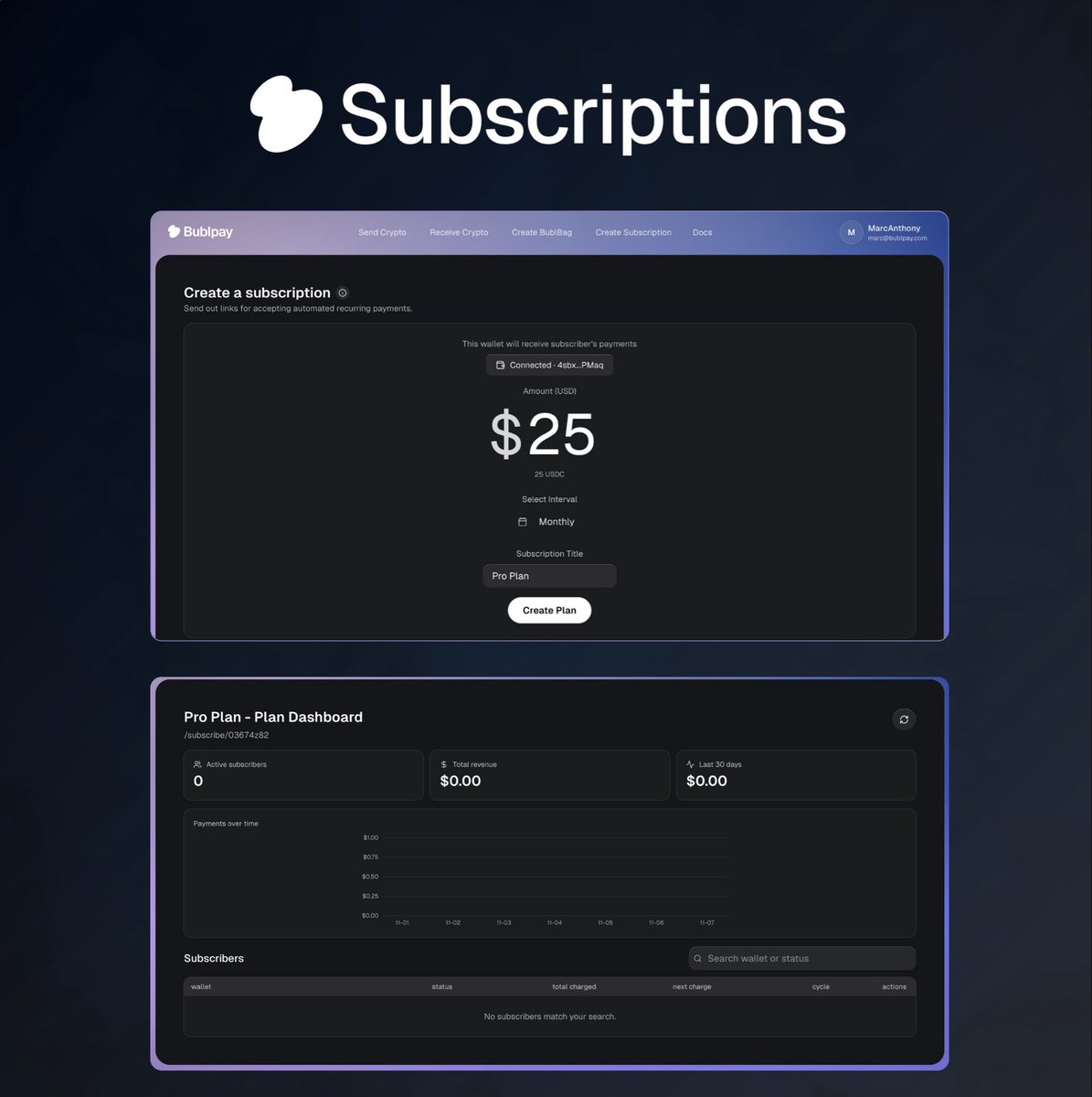 Subscription Links are now live.

BublPay’s Subscription Links enable any of our users to create and share a link that handles recurring payments automatically. 

No setup process, no complex integrations, just a direct connection between you and the people who support your work.