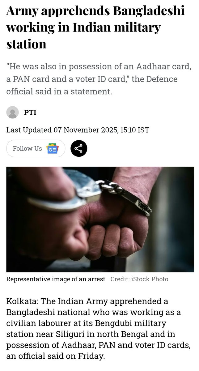 A Bangladeshi worker posing a civilian labourer inside Bengdubi Military Staton was detained by #IndianArmy personnel on 06.11.2025 at #Siliguri of #WestBengal. 

He was operating under a false Hindu identity. Hired by a 
<a href="/hindupost/">HinduPost</a> <a href="/tathagata2/">Tathagata Roy</a> <a href="/abhijitmajumder/">Abhijit Majumder</a> <a href="/FrontalForce/">Frontalforce 🇮🇳</a>