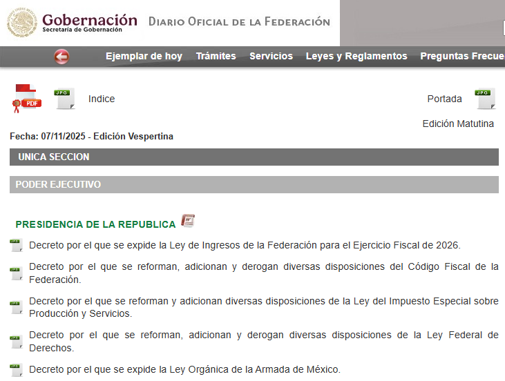 🗳📌 SHEINBAUM YA PUBLICÓ LA LEY DE INGRESOS Y LA MISCELÁNEA FISCAL: MÁS IMPUESTOS, MÁS DEUDA Y... ¿ESPIONAJE FISCAL?

La primera parte del Paquete Económico 2026 ya es oficial: Claudia Sheinbaum lo promulgó en el Diario Oficial de la Federación (DOF).

📍 Ley de Ingresos: