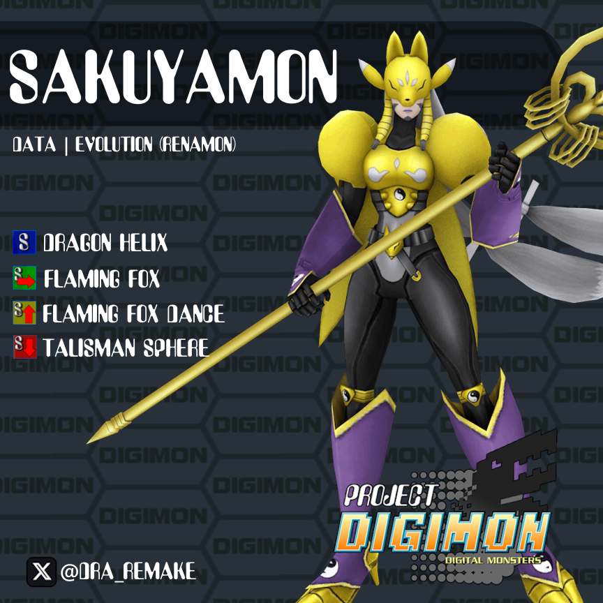 DRA_Remake's tweet image. Sakuyamon is an area controlling digimon that uses spells to harass and keep herself safe. They can sick their fox familiars at foes to stagger them and erect massive barriers that destroy all projectiles. If they get the upper hand - they&apos;ll keep it.

#projectdigimon #Sakuyamon
