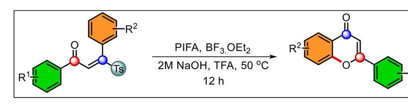 Excited to share our recent transformation, PIFA/BF₃·OEt₂-mediated oxidative cyclization converts beta tosyled chalcone into flavonoids. Beautiful heterocycle formation 💫
doi.org/10.26434/chemr…
#OrganicChemistry #SyntheticChemistry