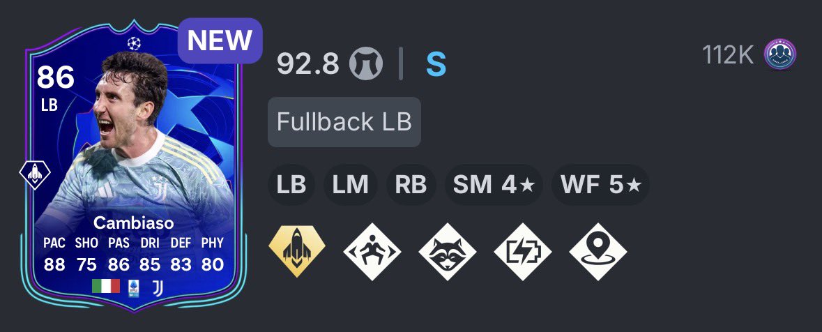 I just tried UCL Primetime Cambiaso and he is INSANE 🇮🇹🤯

✅ Top 5 LB / RB 
✅ Insane Pace
✅ 5  Star weak foot
✅ Quickstep+, Incisive, Anticipate,Jockey
❌ No intercept
❌ No fullback + or ++ roles
