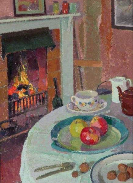 William Whitehead Ratcliffe (1870-1955). 
‘Still Life by the Fire’  1914
One of the members of the Camden Town Group 
Taught at Manchester School of Art by designer Walter Crane.