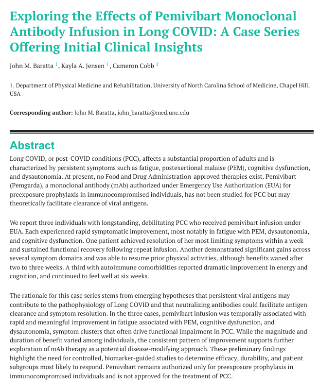 x3r0gx4's tweet photo. New cases series: @Invivyd's Pemgarda (Pemivibart) monoclonal antibodies shown to reduce PEM in three heterogenous Long COVID cases

Is this the first evidence published in a scientific journal of COVID-specific mAbs treating PEM in Long COVID? https://t.co/j3HSxfS01f