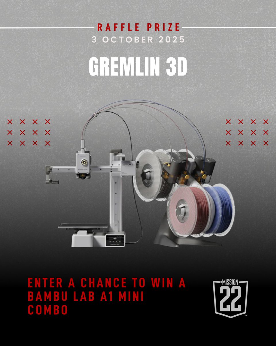 Gremlin 3D teamed up with Mission 22 to raffle a Bambu Lab A1 Mini Combo!
$25 per entry, no limit.
All proceeds support Veteran suicide prevention.
Ends 12/15. Winner drawn 12/16.
Enter now: bit.ly/47qgWZy

#Mission22 #Gremlin3D #VeteranSupport