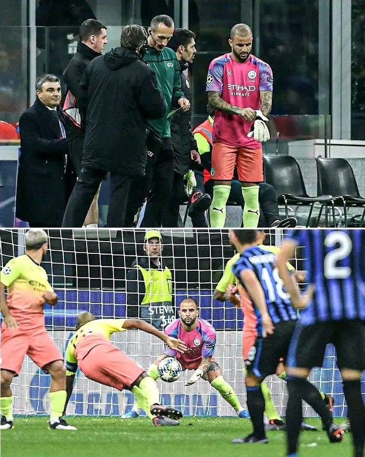 Maniiple's tweet image. Never forget when Kyle Walker had to step in as the emergency keeper for Man City!🧤 Ederson injured, Bravo sent off, and suddenly the right-back is saving a free-kick. 

Absolute scenes of Champions League drama! 🐐

#ManCity  #KyleWalker