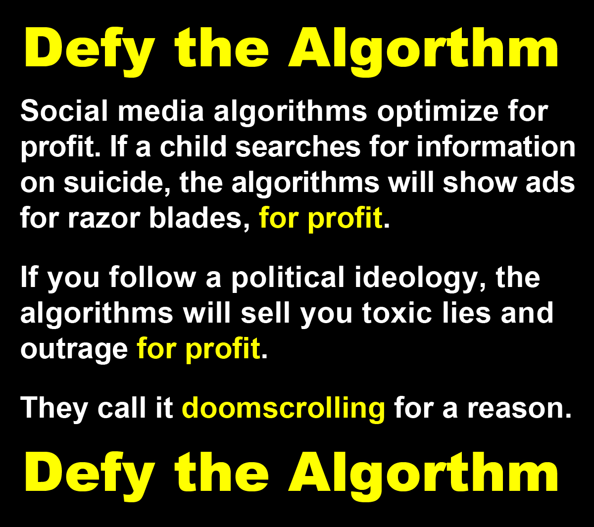 NJCentrist's tweet photo. We are being manipulated by powerful "Tech Bros." Social Media is destroying our society. #DefyTheAlgorithm https://t.co/tvg3dBTICa