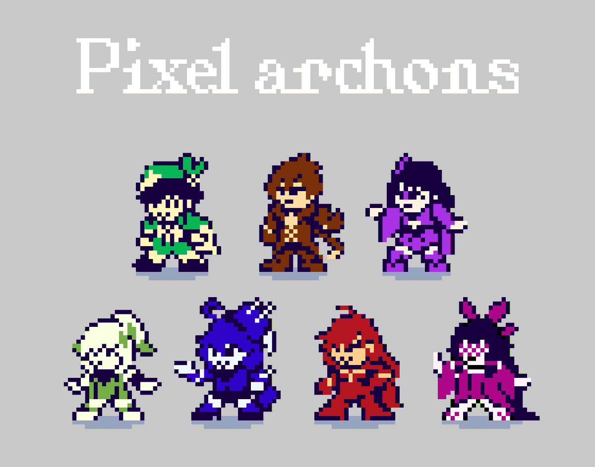 anari_ga's tweet photo. Pixel archons inspired by the original Megaman sprite
#GenshinImpact #pixelart https://t.co/hGyJtf6vuu