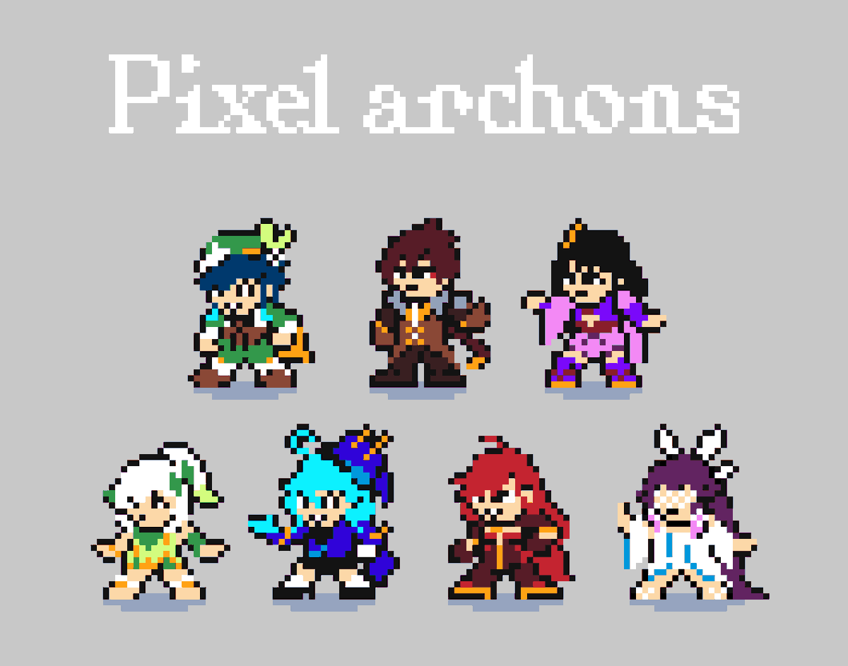 anari_ga's tweet photo. Pixel archons inspired by the original Megaman sprite
#GenshinImpact #pixelart https://t.co/hGyJtf6vuu