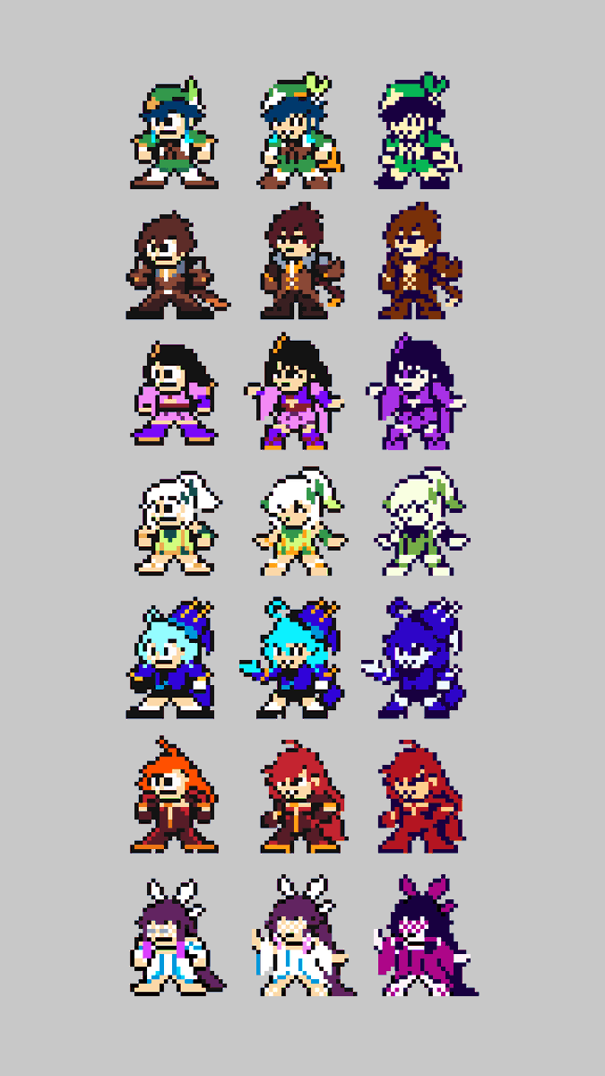 anari_ga's tweet photo. Pixel archons inspired by the original Megaman sprite
#GenshinImpact #pixelart https://t.co/hGyJtf6vuu
