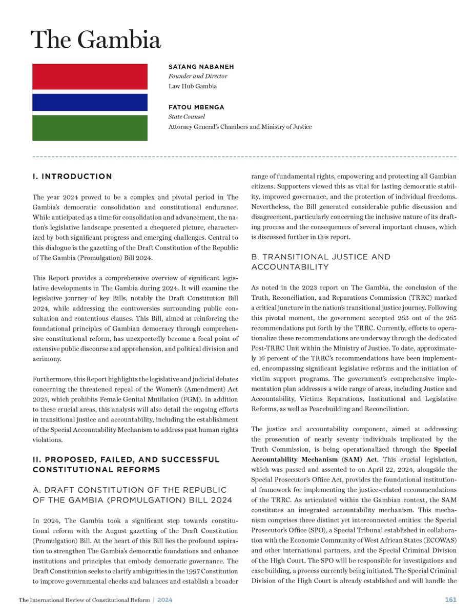 🇬🇲

Our report on Constitutional Reform in The Gambia has been published in the 2024 International Review of Constitutional Reform (IRCR). 

Deep appreciation to my co-author, Fatou Mbenga. 

A short thread 👇🏾on key takeaways from our analysis:
