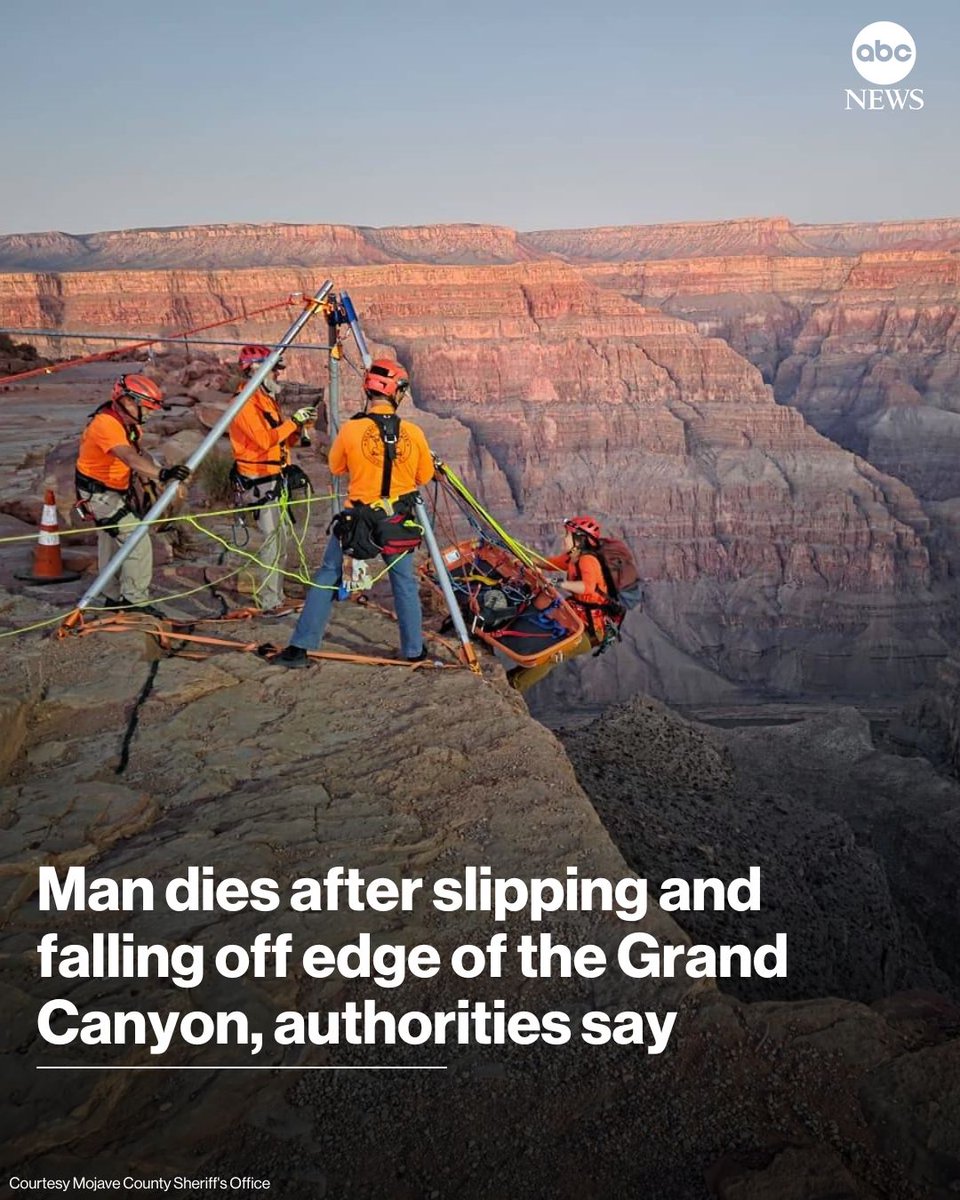 ABC's tweet image. A 65-year-old man died after slipping off the edge of the Grand Canyon and falling more than 100 feet, authorities in Arizona said. abcnews.link/ExalXsJ