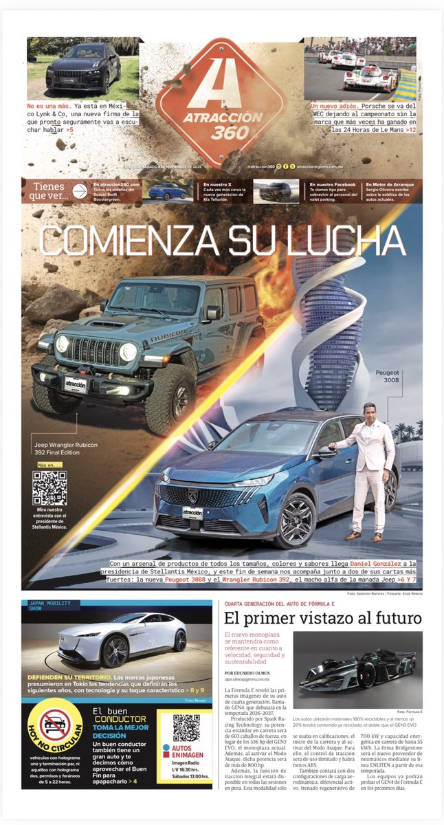 Con un arsenal de productos de todos los tamaños, colores y sabores llega Daniel González a la presidencia de <a href="/StellantisMX/">Stellantis México</a> , y este fin de semana nos acompaña junto a dos de sus cartas más
fuertes: la nueva <a href="/PeugeotMex/">Peugeot México</a> 3008 y el Wrangler Rubicon 392, el macho alfa de <a href="/JeepMx/">Jeep México</a>