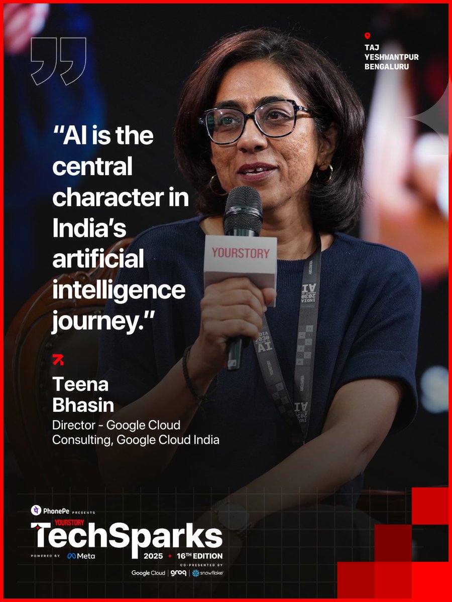 _TechSparks's tweet image. At #TechSparks2025, @TeenaBhasin, Director – Google Cloud Consulting, @GoogleCloud_IN  said India’s diversity and data give it an AI edge, but execution often lags. “With clarity and agility, you move fast; without it, you stay stuck,”.

@YourStoryCo