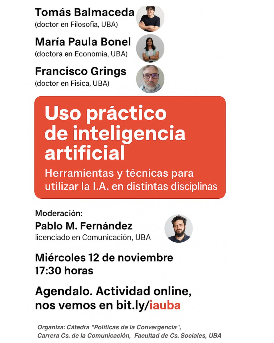 Desde la cátedra "Políticas de la convergencia" de la Carrera de Cs. de la Comunicación de la UBA organizamos esta actividad complementaria al dictado de nuestra materia para el próximo miércoles. Es de acceso libre y abierto.
Link de acceso: bit.ly/iauba