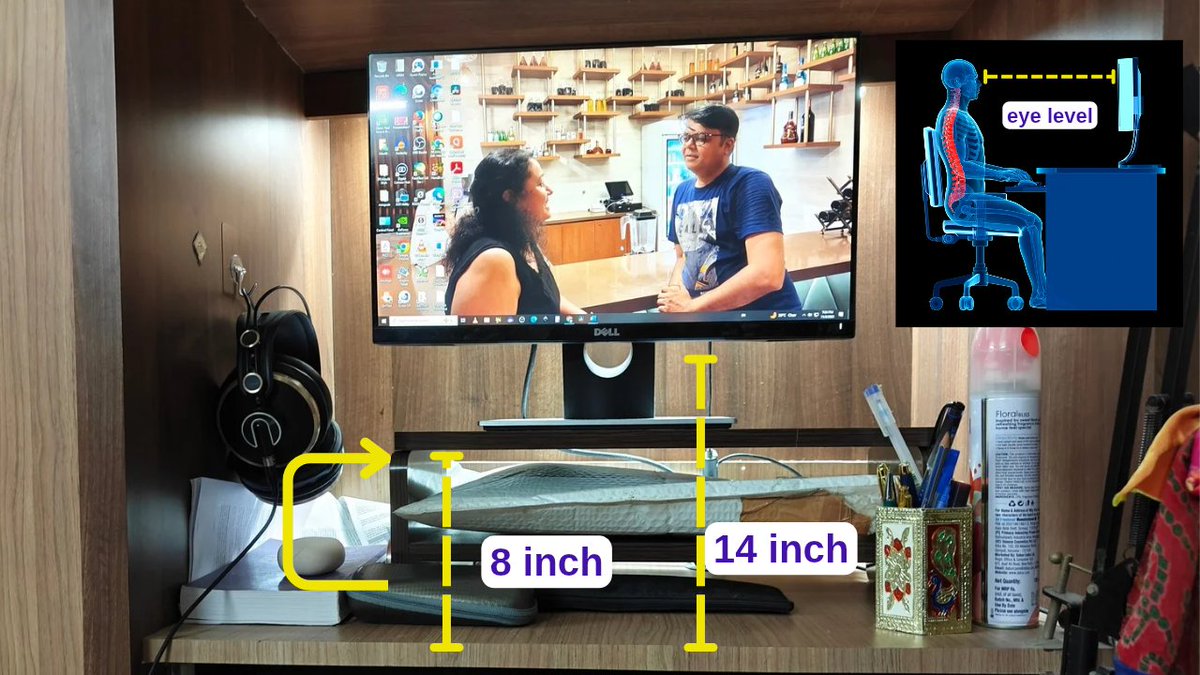 maulikdr's tweet image. મારે સર્વાઇકલ સ્પાઇન (ગરદન/ડોક)ને લગતી તકલીફ થઇ સાતેક વર્ષ પહેલા! કારણ હતું સતત નીચી ડોક રાખી ગરદન ઝુકાવી કોમ્પ્યુટર/લેપટોપમાં કામ! ફિઝિયોથેરાપિસ્ટે કહ્યું જો સ્ક્રીન આંખના લેવલે નહીં લાવો તો હેરાન થતા રહેશો! 
એક નાનું આવું સ્ટૂલ સ્ક્રીન નીચે મૂક્યું અને પ્રોબ્લેમ સોલ્વ!!