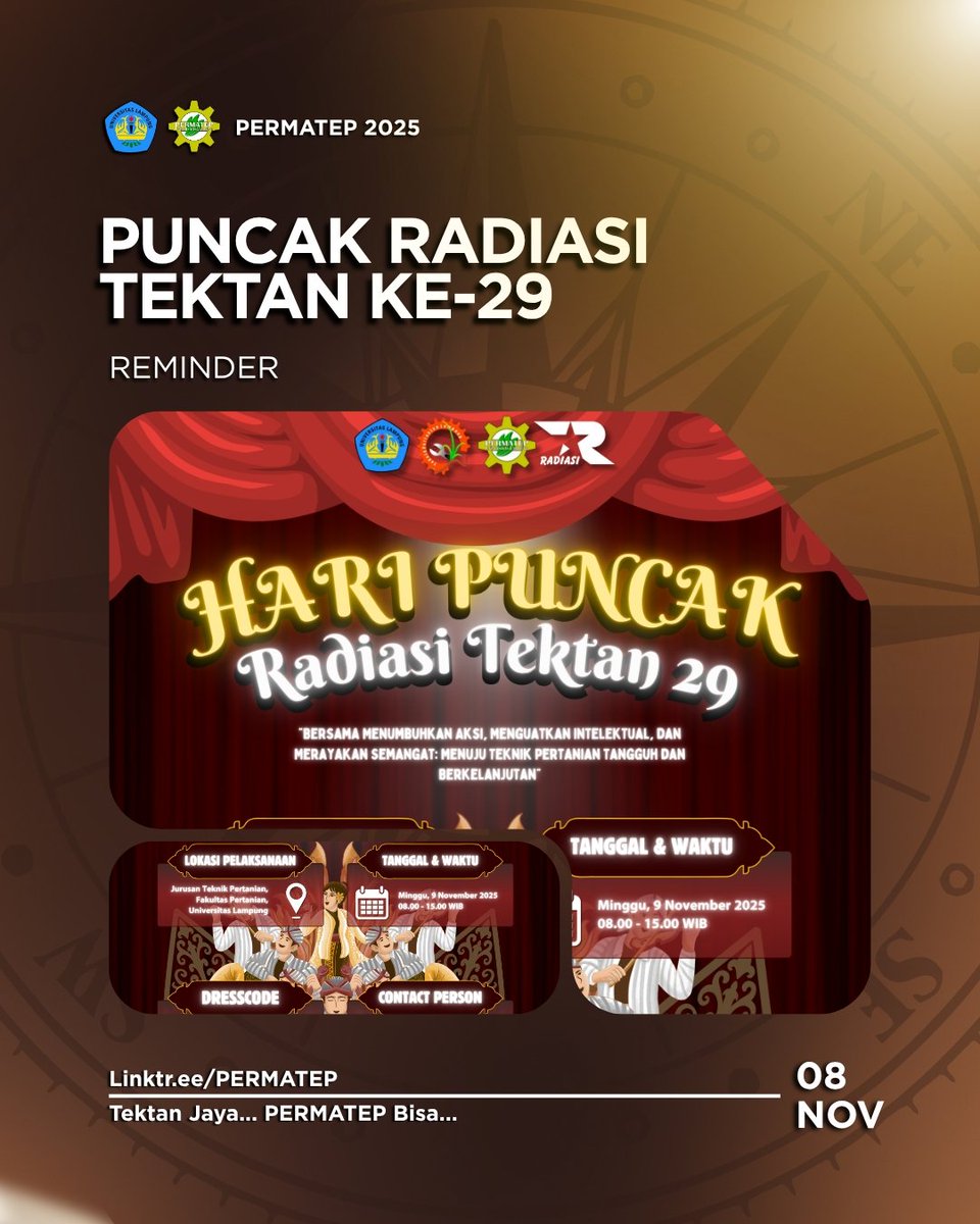 PERMATEPUNILA's tweet photo. [ REMINDER ]
•
Hallo Teppers!
Siapa yang udah ga sabar nih buat acara puncak dari Rangkaian Dies Natalis Teknik Pertanian ke-29. See u Teppers!🤎🚜
•
Instagram: @permatepunila
Tiktok: permatep
Youtube: PERMATEP unila
Whatsapp: PERMATEP
•
#Tektanjaya
#PERMATEPbisa
#PERMATEP2025 https://t.co/dDHSuVbYVH