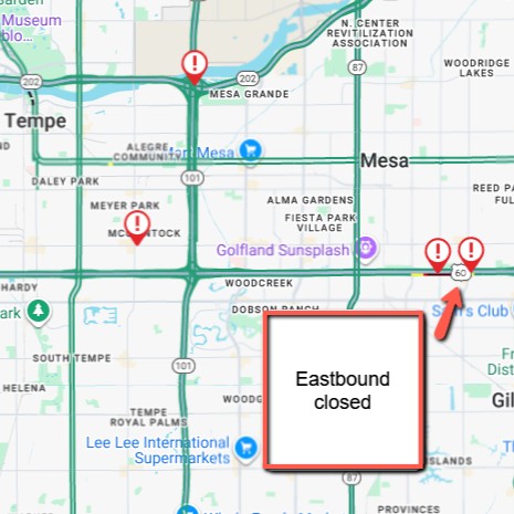 ArizonaDOT's tweet photo. *CLOSURE*

US 60 eastbound is CLOSED in Mesa.

The closure is due to a crash at Stapley Drive.

Check current traffic and road conditions via the following:
🖥 https://t.co/81gvrvw7GB
📱 Apple: https://t.co/YMcnUEep0U
📱 Android: https://t.co/9oINS4xP1h https://t.co/kiG0d0nS19