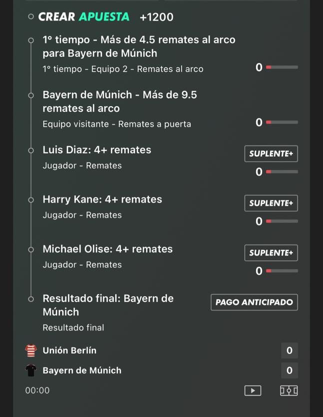 Muy mal día ayer, vamos con los Picks de hoy 🇩🇪 

Bayern over 7.5 remates a puerta (-125)

Bayern over 3.5 remates a puerta en la primera mitad (-120)

Harry Kane over 4.5 remates (-120)

Y les comparto esta soñadora