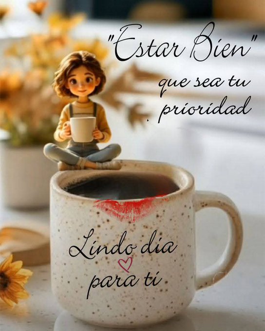 A digital illustration in warm autumn tones shows a cute cartoon girl with wavy brown hair wearing a yellow top and blue pants, sitting cross-legged on the rim of a large white ceramic mug filled with steaming black coffee. The mug has a red lipstick kiss mark on its side and text reading Lindo dia para ti in black cursive. Surrounding the mug are small potted sunflowers and scattered yellow petals on a wooden surface. Text overlays in Spanish read Estar Bien que sea tu prioridad and text bubbles saying Estar Bien. The composition evokes a cozy, positive morning vibe.