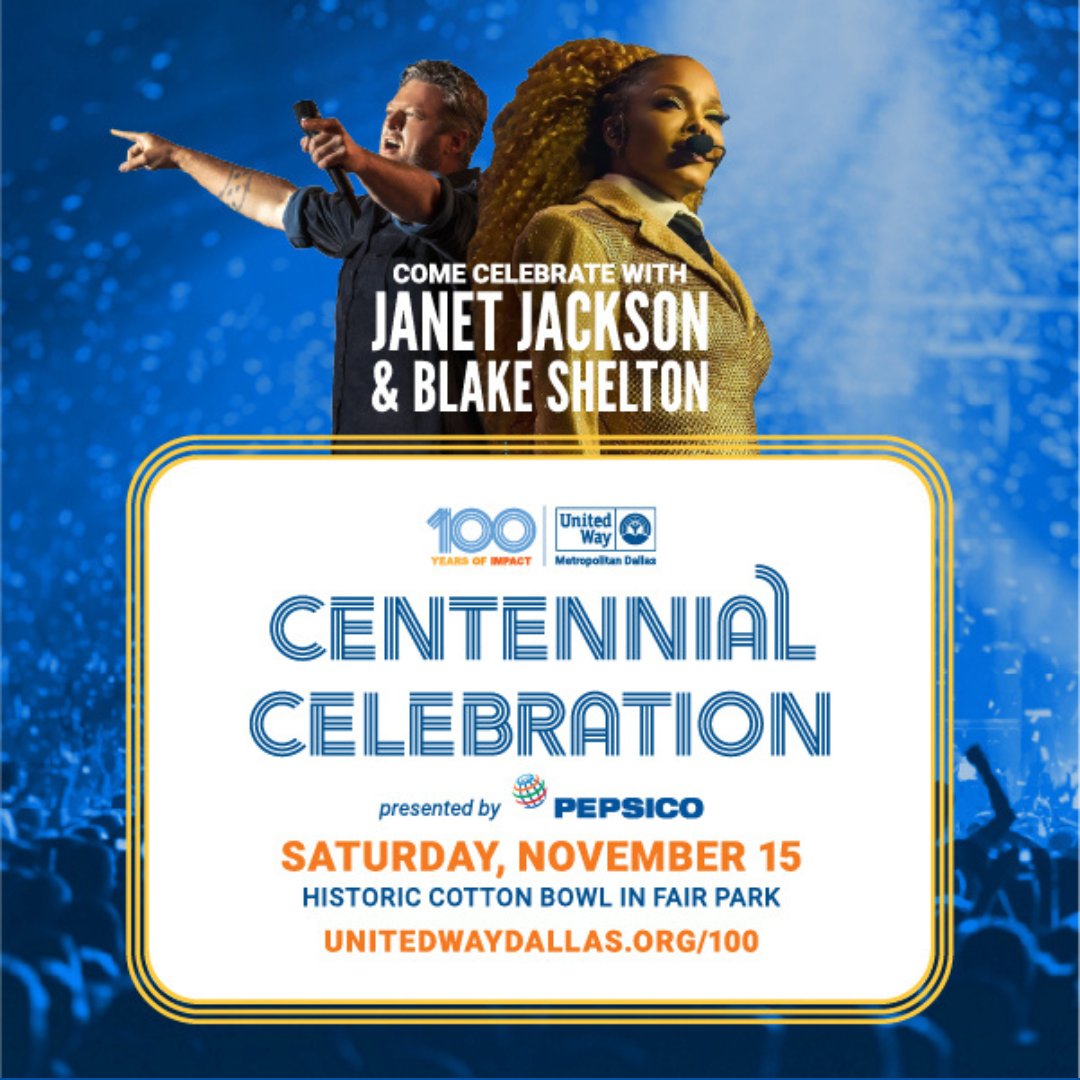 🎉 United Way Dallas turns 100 &amp; we’re celebrating BIG!

Catch Janet Jackson &amp; Blake Shelton at the Cotton Bowl Nov 15! 🌟

🎶 Hear a Blake song on New Country 96.3?

📲 Text the title to 888-787-1963 to win tickets!

🎟️ unitedwaydallas.org/100