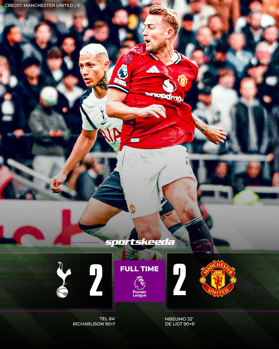 skworldfootball's tweet photo. Tottenham Hotspur and Manchester United share the spoils after injury-time drama! ⚡🤯

#TOTMUN #Football #PremierLeague https://t.co/i0HSmU4b9R